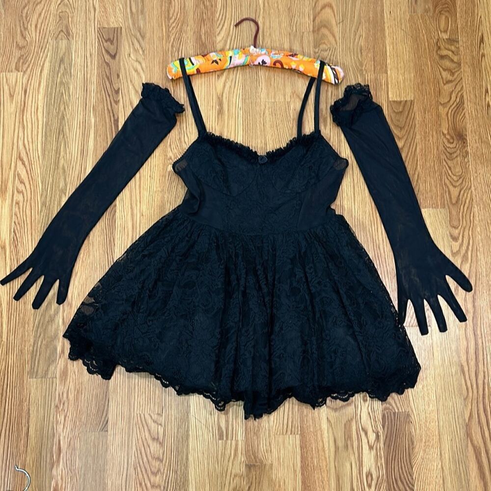 Widow infinite love mesh lace mini DRESS AND GLOVES set women’s large black goth